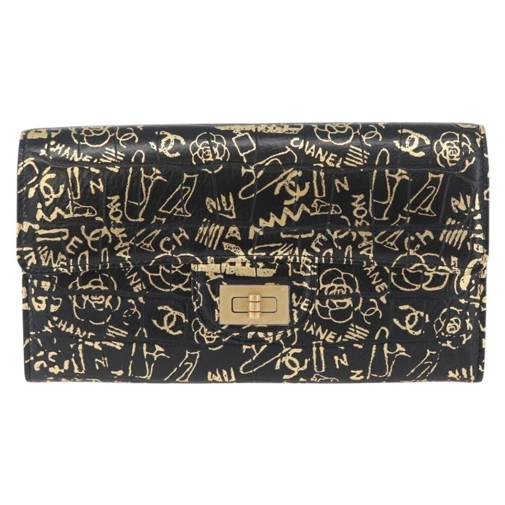 Chanel Leather Long Wallet Croco Embossed Black